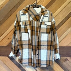 Plaid Button-Up Jacket - Brown and White